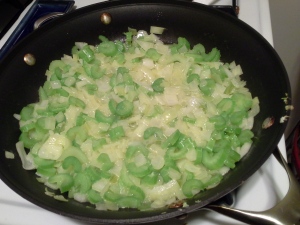 The onion-celery-buttery goodness.  You don't want to brown them, just make them soft.