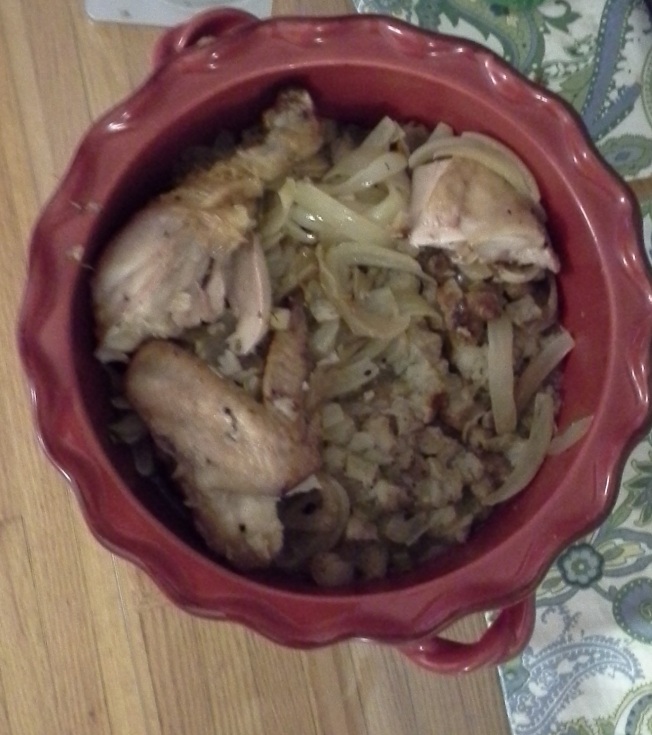 Leftovers reheated the next night - stuffing and chicken together. Just as delicious.  (And it is on a clear table, not the floor)